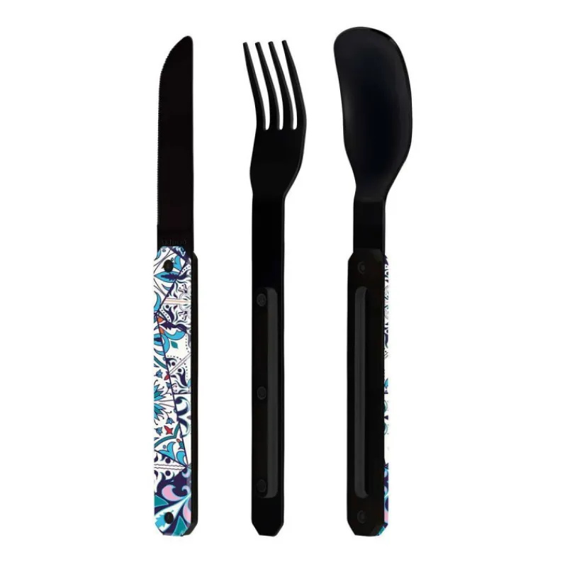 Couverts Nomades-AKINOD 12H34 Set de 3 couverts inox nomades AZULEJOS finition Black