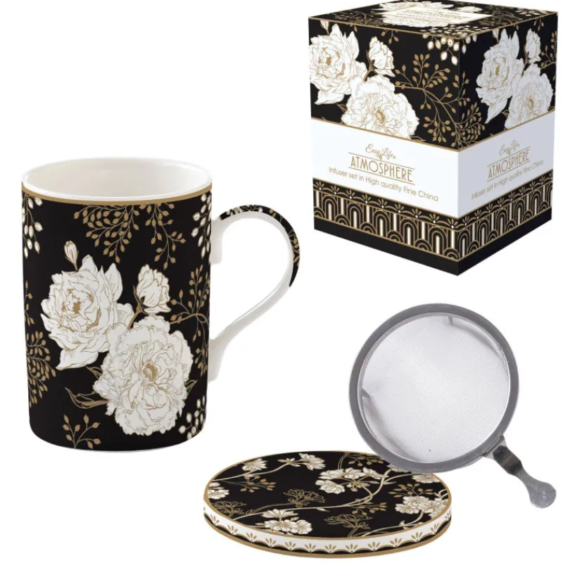 Mugs-Easy Life ART DECO FLOWERS Coffret Tisanière 35 cl en porcelaine