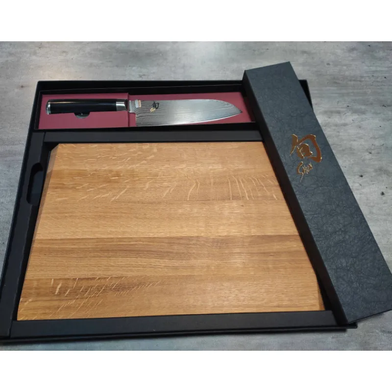 Planches À Découper En Bois | Coffrets Couteaux Cuisine-KAI Coffret SHUN Classic Couteau japonais SANTOKU 18 cm + Planche à découper Chêne