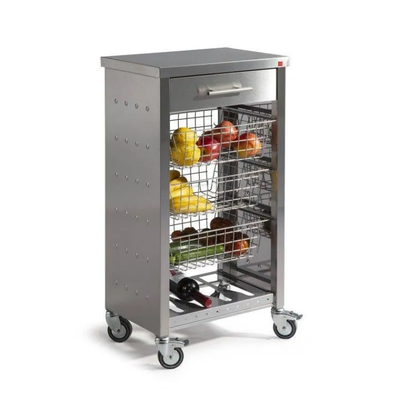 Dessertes Roulantes-DHO Desserte de cuisine Mobile en Inox 1 tiroir + 3 paniers + 1 rangement bouteille Nouveau Modèle
