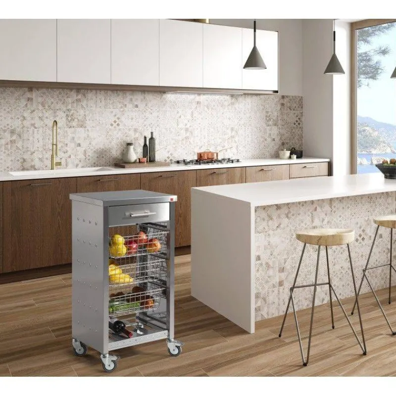 Dessertes Roulantes-DHO Desserte de cuisine Mobile en Inox 1 tiroir + 3 paniers + 1 rangement bouteille Nouveau Modèle