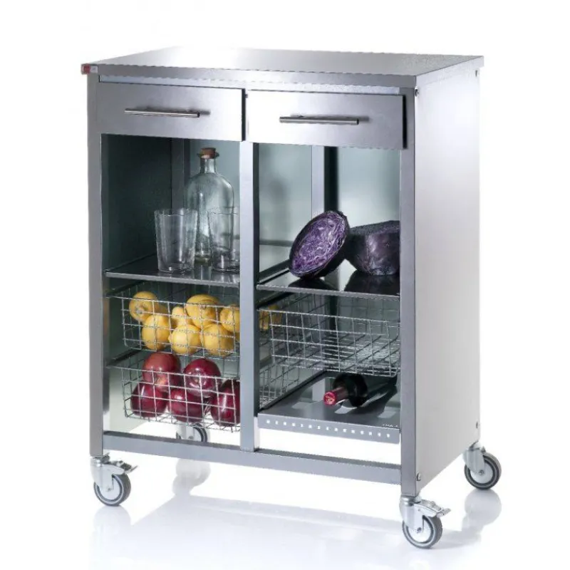 Dessertes Roulantes-DHO Desserte de cuisine Mobile en Inox 2 tiroirs + 3 paniers + 1 rangement bouteilles  SC