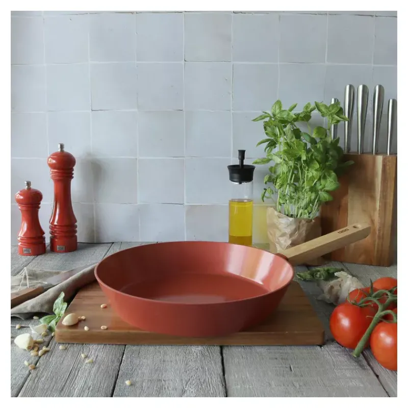 Poêles Avec Revêtement Céramique | Poêles Avec Revêtement Aspect Pierre-OGO ECTOR Poêle revêtue céramique Paprika induction manche bois D24