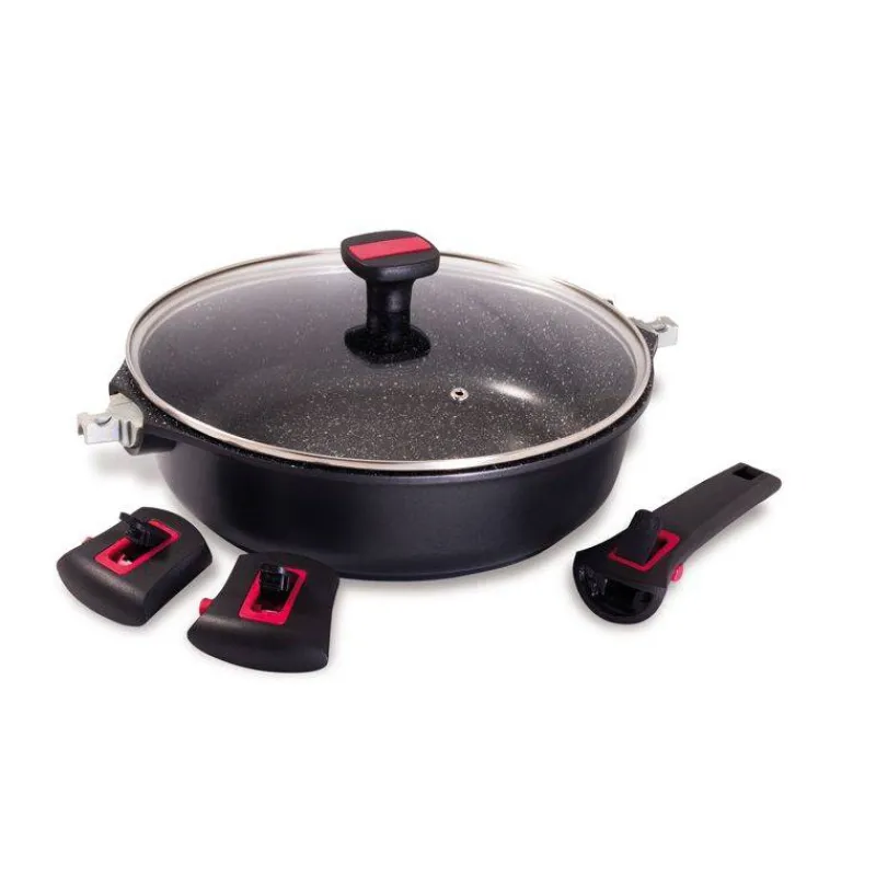 Sauteuses Revêtements Aspect Pierre | Sauteuses Revêtements Anti-adhérents-BAUMALU Granit PRO Sauteuse Fonte Aluminium Aspect Pierre Manche amovible Induction D28