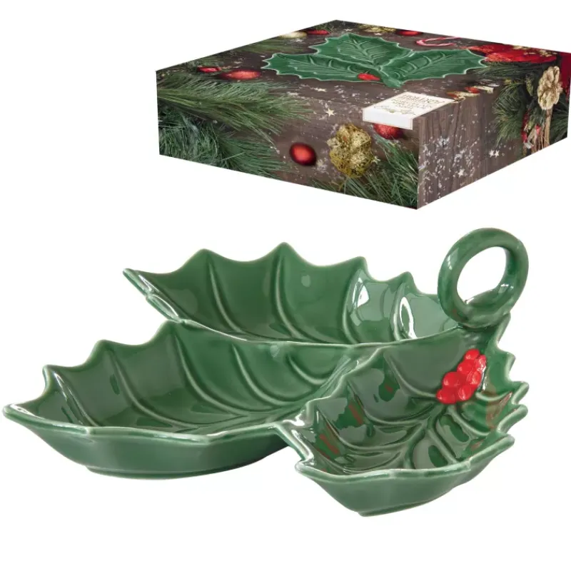 Accessoires Pour L'apéritif-Easy Life HOLLY ET BERRIES Bol coupelle 3 compartiments en Porcelaine verte et rouge  20x20