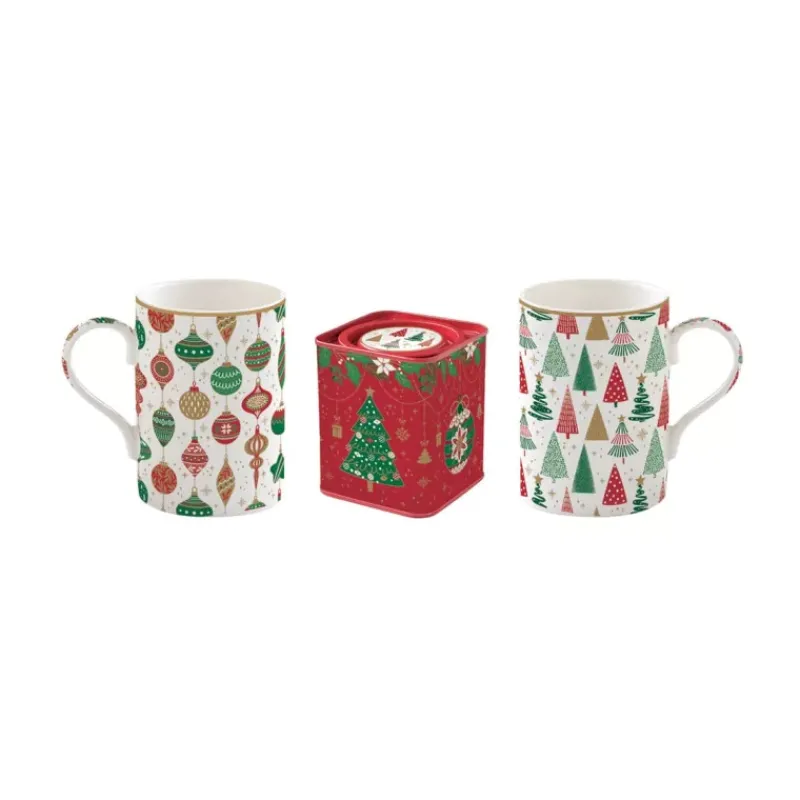 Mugs-Easy Life JINGLE BELLS Coffret duo de Mugs en porcelaine et boîte à thé EASYLIFE