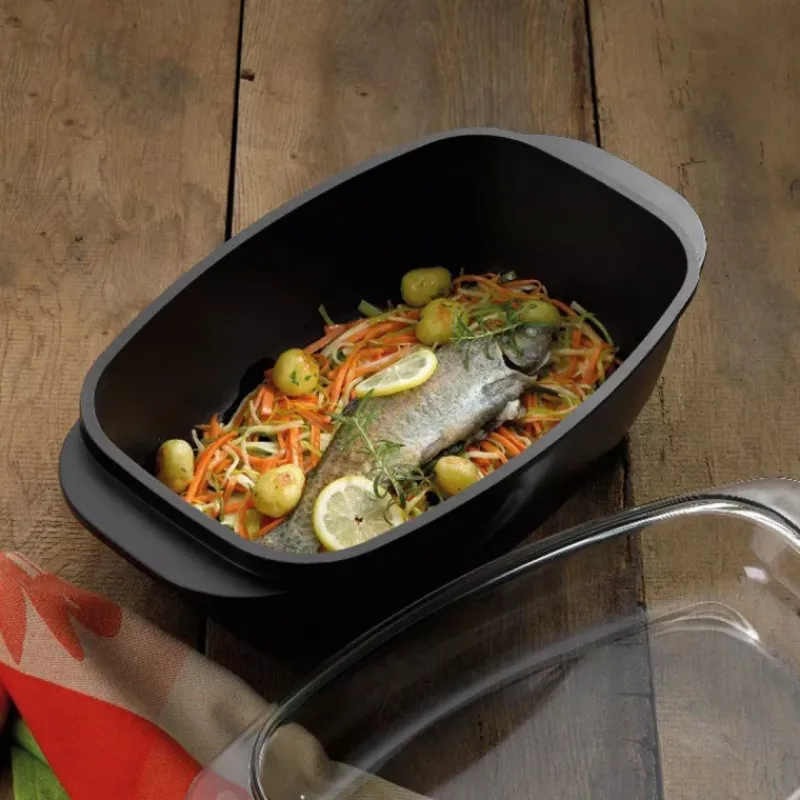 Cocottes En Fonte Aluminium-Kela KERROS Cocotte à braiser rectangulaire et couvercle en verre Induction Noir 6.5 L