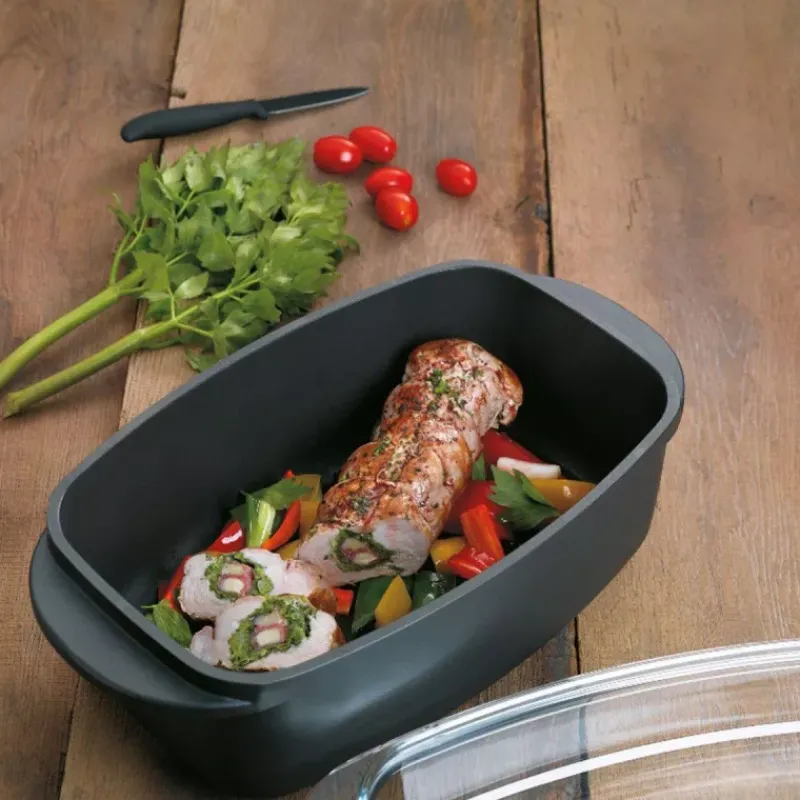 Cocottes En Fonte Aluminium-Kela KERROS Cocotte à braiser rectangulaire et couvercle en verre Induction Noir 4.5 L