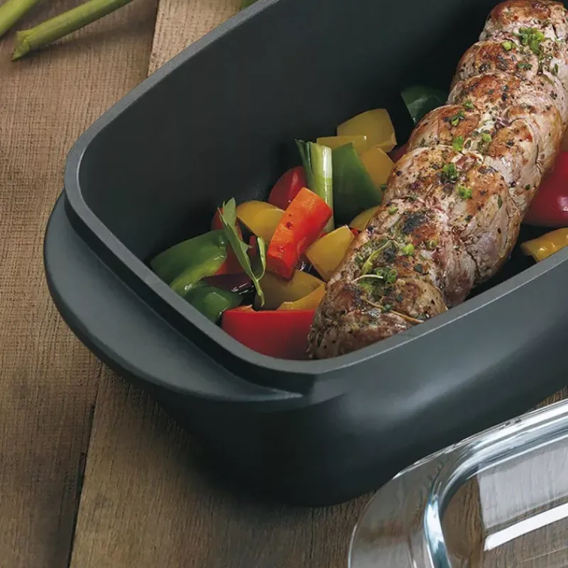 Cocottes En Fonte Aluminium-Kela KERROS Cocotte à braiser rectangulaire et couvercle en verre Induction Noir 6.5 L