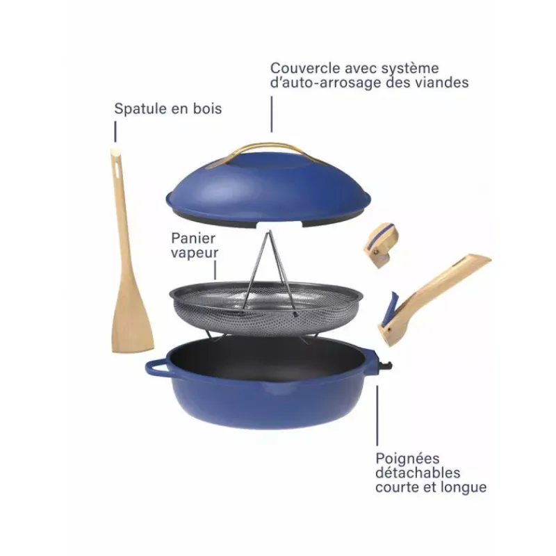 Sauteuses Revêtements Anti-adhérents | Sauteuses En Fonte Aluminium-COOKUT La Fabuleuse Poêle Sauteuse Casserole Cocotte 28 cm - Bleu Saphir