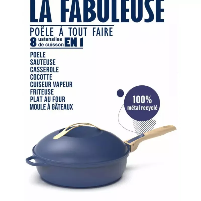 Sauteuses Revêtements Anti-adhérents | Sauteuses En Fonte Aluminium-COOKUT La Fabuleuse Poêle Sauteuse Casserole Cocotte 28 cm - Bleu Saphir