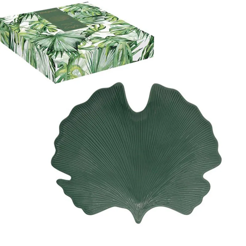 Plats Creux Et Légumiers-Easy Life MADAGASCAR Plat de service Porcelaine L35 x 29 Feuille Ginko Vert  SC