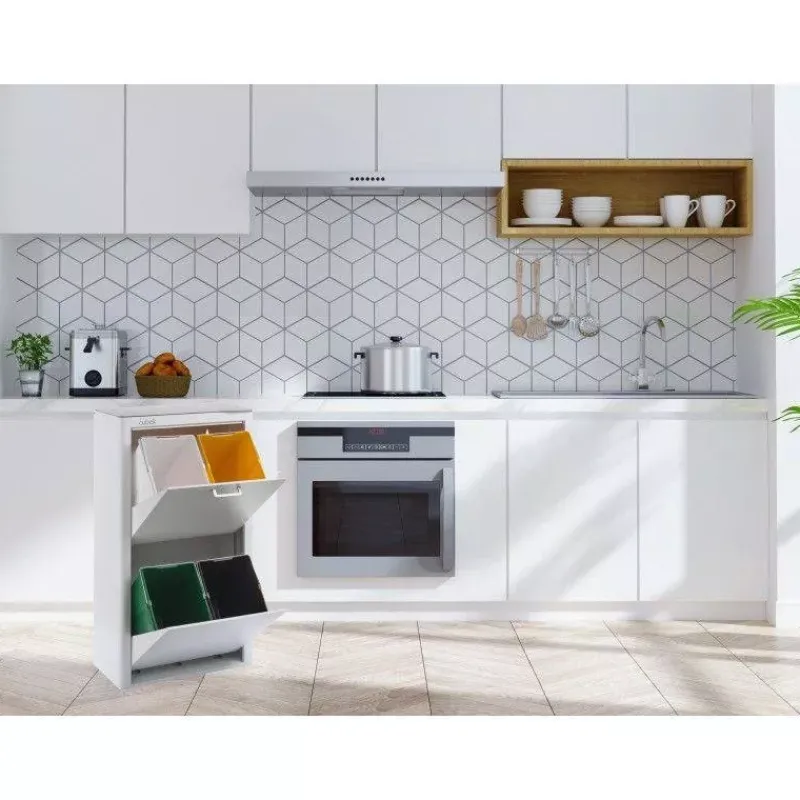 Poubelles De Tri Sélectif-DHO Meuble Poubelle de cuisine tri sélectif CUBEK - 1 Colonne 4 Bacs Blanc