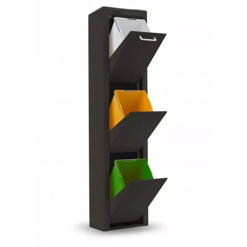 Poubelles De Tri Sélectif-DHO Meuble Poubelle de cuisine tri sélectif CUBEK - 1 Colonne 3 Bacs Noir Mat