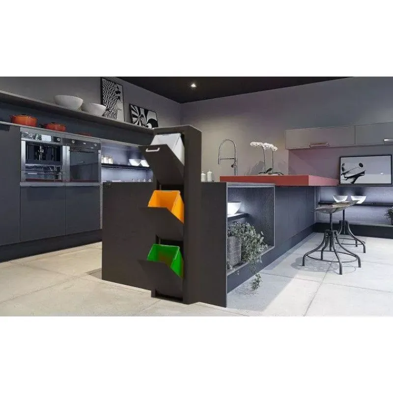 Poubelles De Tri Sélectif-DHO Meuble Poubelle de cuisine tri sélectif CUBEK - 1 Colonne 3 Bacs Noir Mat