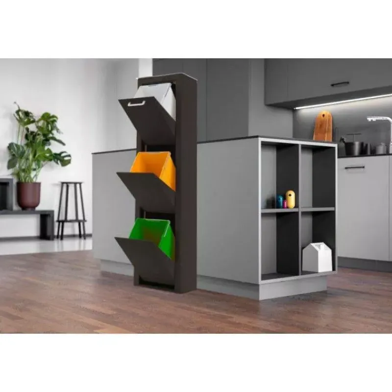 Poubelles De Tri Sélectif-DHO Meuble Poubelle de cuisine tri sélectif CUBEK - 1 Colonne 3 Bacs Noir Mat