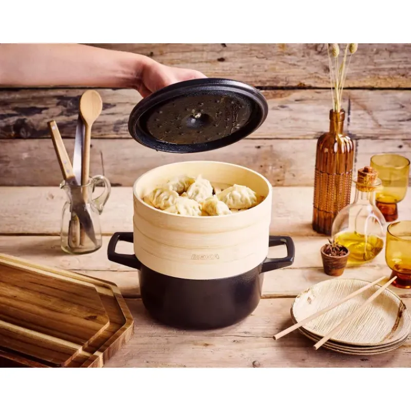 Cocottes En Fonte Traditionnelle-BEKA NORI Cocotte en fonte Emaillée avec 2 Paniers Vapeur Ronde Noir D20