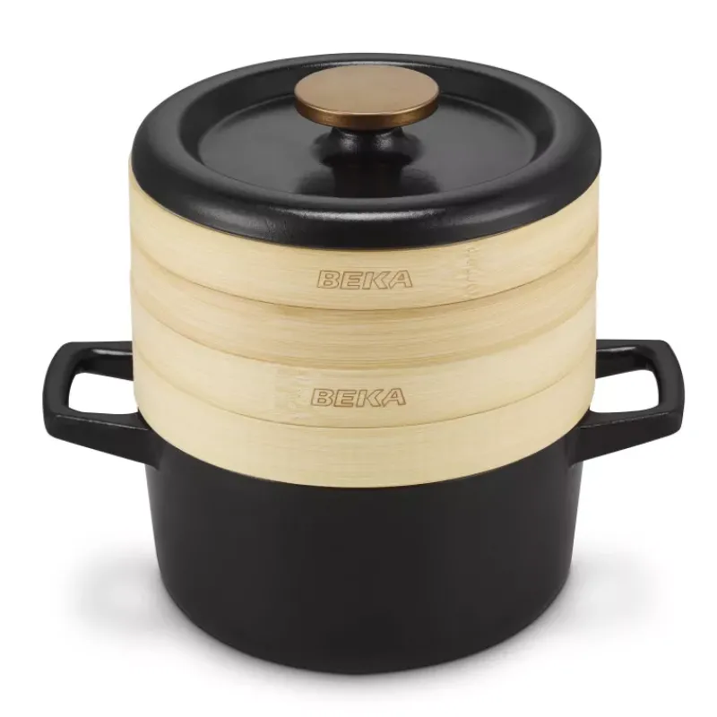 Cocottes En Fonte Traditionnelle-BEKA NORI Cocotte en fonte Emaillée avec 2 Paniers Vapeur Ronde Noir D20