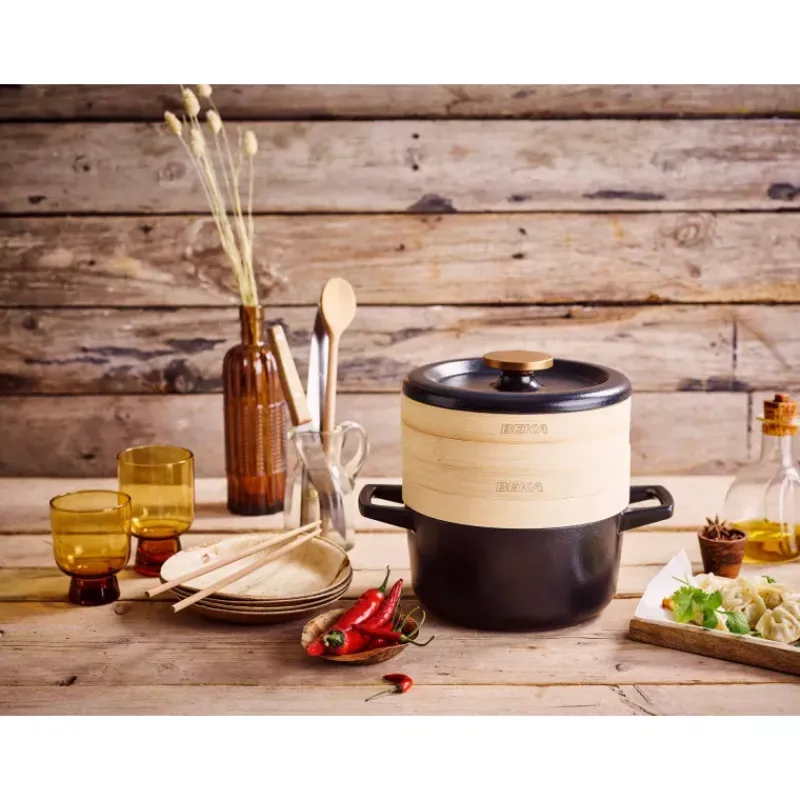 Cocottes En Fonte Traditionnelle-BEKA NORI Cocotte en fonte Emaillée avec 2 Paniers Vapeur Ronde Noir D20