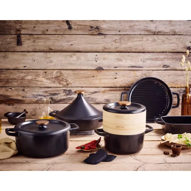 Cocottes En Fonte Traditionnelle-BEKA NORI Cocotte en fonte Emaillée avec 2 Paniers Vapeur Ronde Noir D20