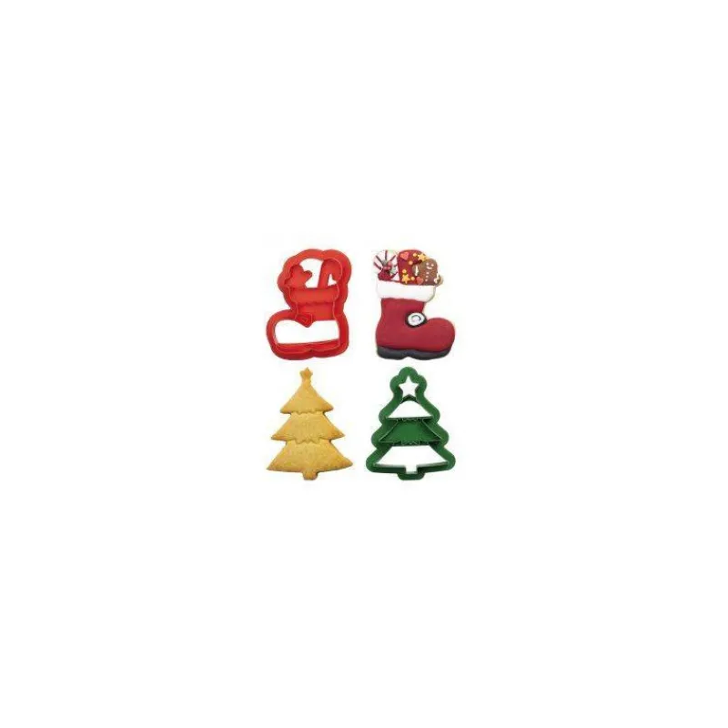 Thème Noël-Decora Set de 2 découpoirs 3D Emporte pièces et poussoirs en plastique Sapin et Botte 8 / 6 cm